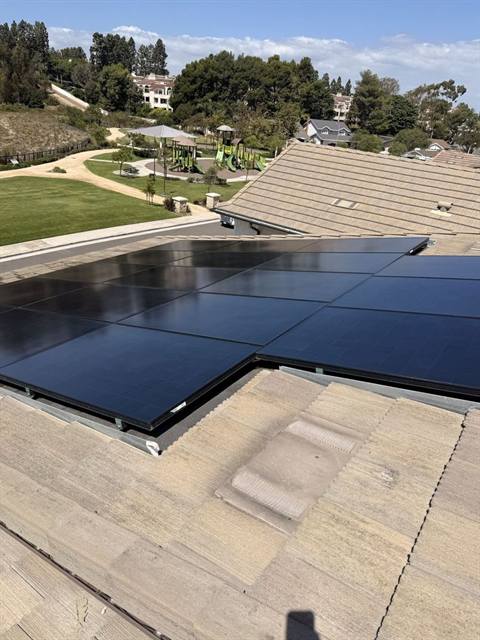 Freshly cleaned black solar panels overlooking a neighborhood park