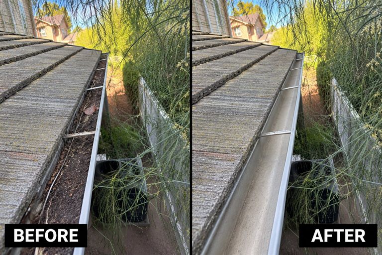Before and after gutter cleaning: on the left, a gutter along a tile roof packed with dirt and leaves; on the right, the same gutter cleared out and clean